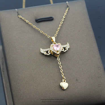 Ig Style Sweet Heart Shape Wings Titanium Steel Copper Plating Inlay Zircon Pendant Necklace