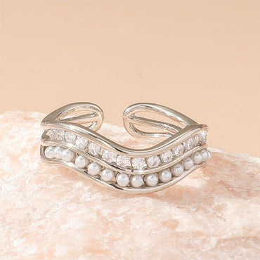 Streetwear Irregular Copper Plating Inlay Artificial Pearls Zircon White Gold Plated Open Rings