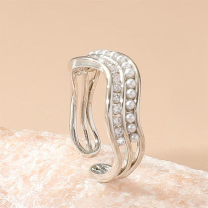 Streetwear Irregular Copper Plating Inlay Artificial Pearls Zircon White Gold Plated Open Rings