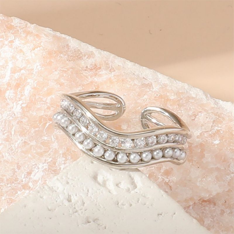 Streetwear Irregular Copper Plating Inlay Artificial Pearls Zircon White Gold Plated Open Rings