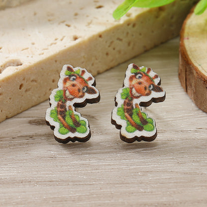 1 Pair Cute Shamrock Animal Painted Wood Silver Plated Ear Studs