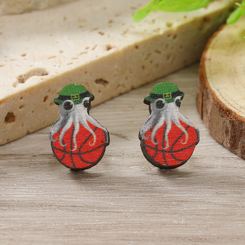 1 Pair Cute Shamrock Animal Painted Wood Silver Plated Ear Studs