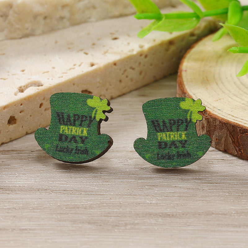 1 Pair Cute Shamrock Animal Painted Wood Silver Plated Ear Studs