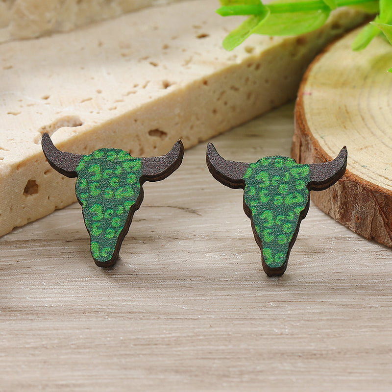 1 Pair Cute Shamrock Animal Painted Wood Silver Plated Ear Studs