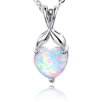 Copper White Gold Plated Elegant French Style Heart Shape Inlay Opal Pendant Necklace