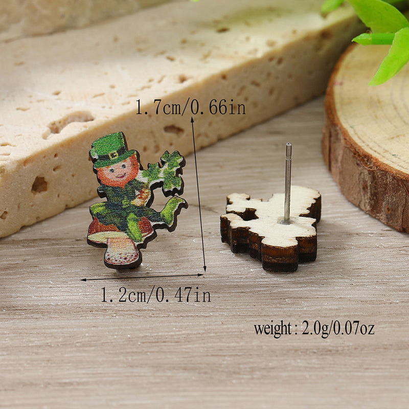 1 Pair Cute Shamrock Animal Painted Wood Silver Plated Ear Studs