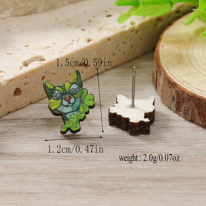 1 Pair Cute Shamrock Animal Painted Wood Silver Plated Ear Studs