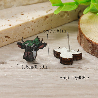 1 Pair Cute Shamrock Animal Painted Wood Silver Plated Ear Studs