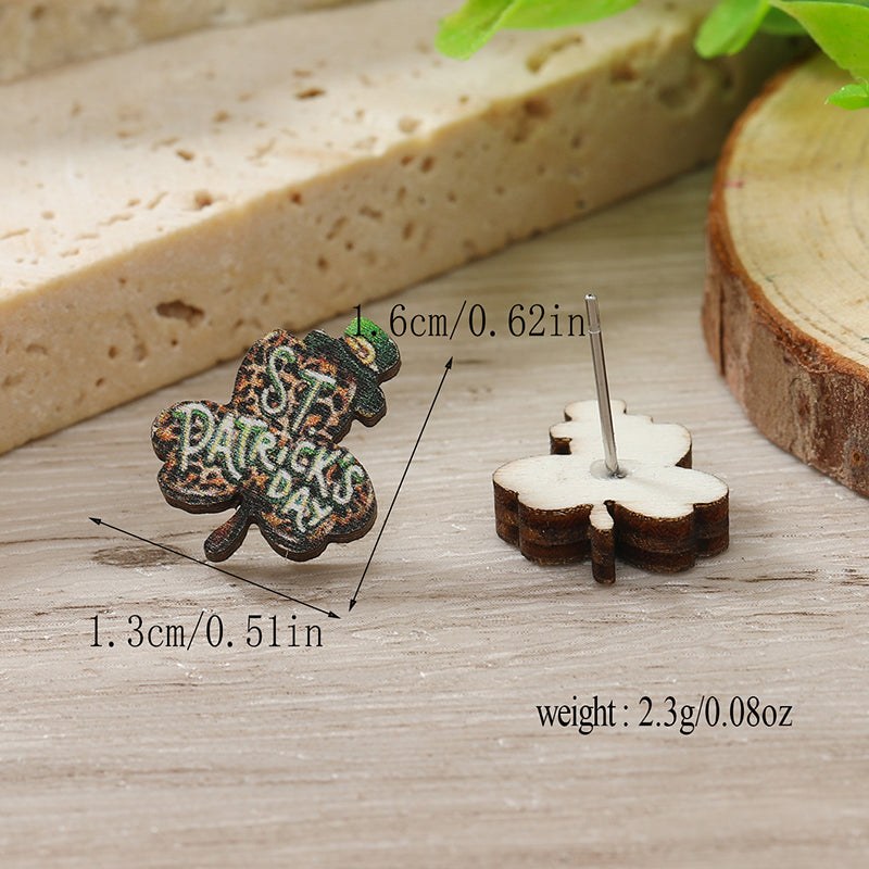 1 Pair Cute Shamrock Animal Painted Wood Silver Plated Ear Studs