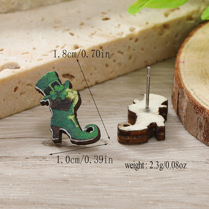 1 Pair Cute Shamrock Animal Painted Wood Silver Plated Ear Studs