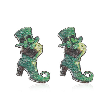 1 Pair Cute Shamrock Animal Painted Wood Silver Plated Ear Studs