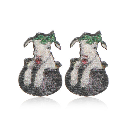 1 Pair Cute Shamrock Animal Painted Wood Silver Plated Ear Studs