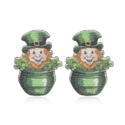 1 Pair Cute Shamrock Animal Painted Wood Silver Plated Ear Studs