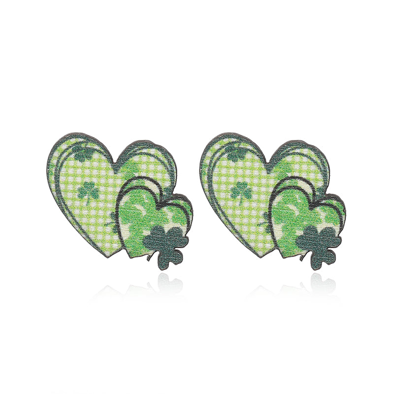 1 Pair Cute Shamrock Animal Painted Wood Silver Plated Ear Studs