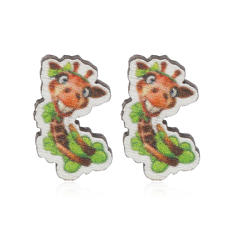 1 Pair Cute Shamrock Animal Painted Wood Silver Plated Ear Studs