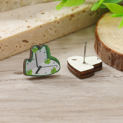 1 Pair Cute Shamrock Animal Painted Wood Silver Plated Ear Studs