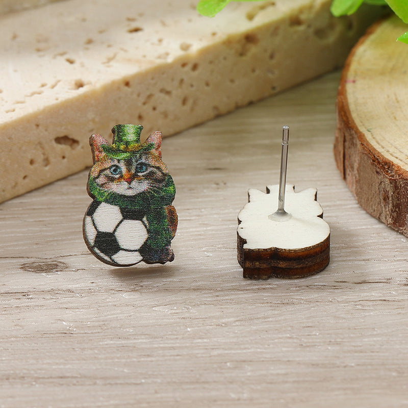 1 Pair Cute Shamrock Animal Painted Wood Silver Plated Ear Studs