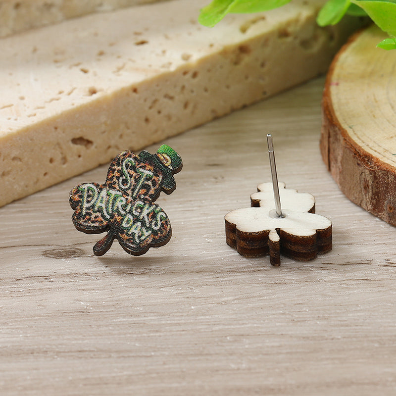 1 Pair Cute Shamrock Animal Painted Wood Silver Plated Ear Studs