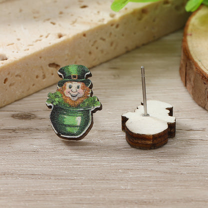 1 Pair Cute Shamrock Animal Painted Wood Silver Plated Ear Studs