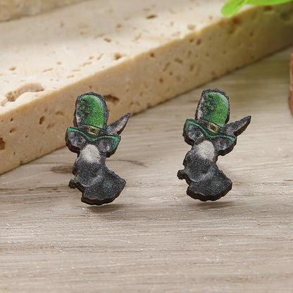 1 Pair Cute Shamrock Animal Painted Wood Silver Plated Ear Studs