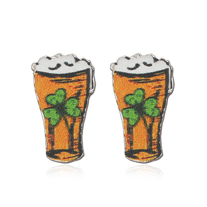 1 Pair Cute Shamrock Animal Painted Wood Silver Plated Ear Studs