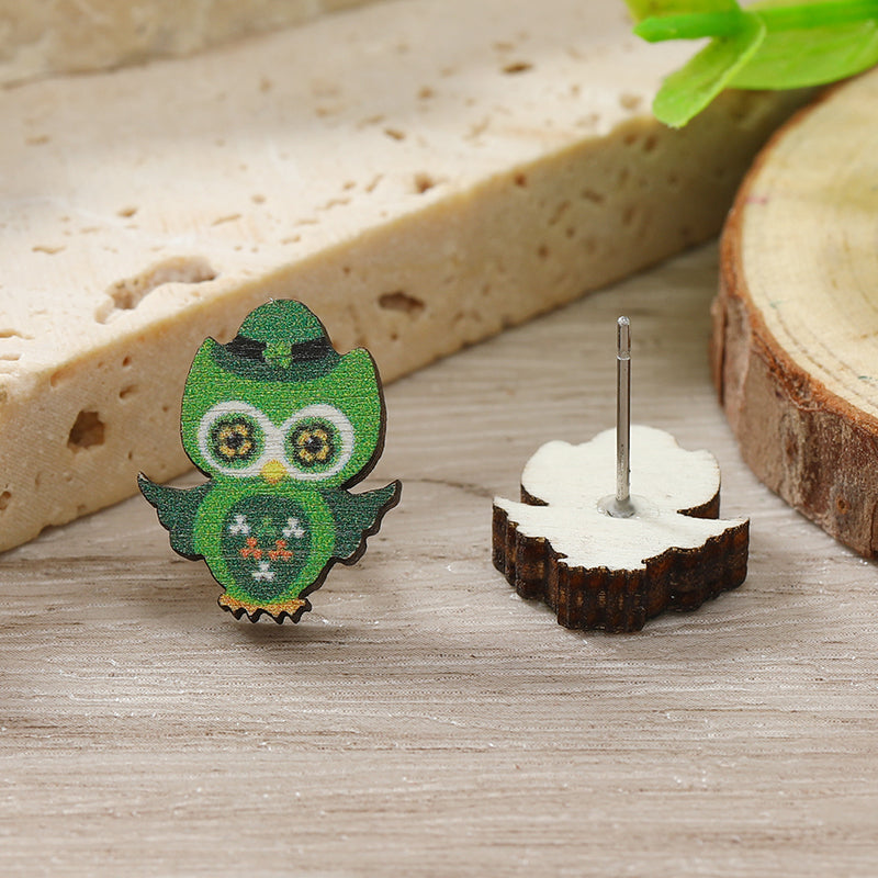 1 Pair Cute Shamrock Animal Painted Wood Silver Plated Ear Studs