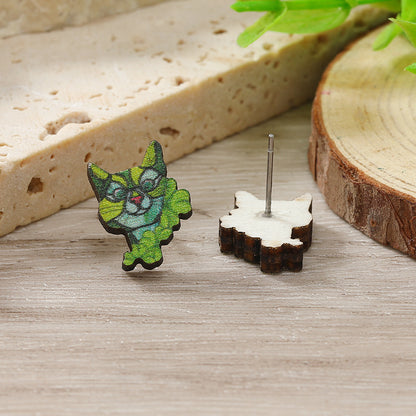 1 Pair Cute Shamrock Animal Painted Wood Silver Plated Ear Studs