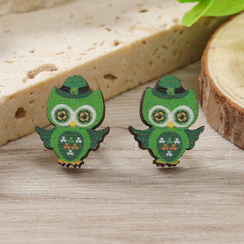 1 Pair Cute Shamrock Animal Painted Wood Silver Plated Ear Studs