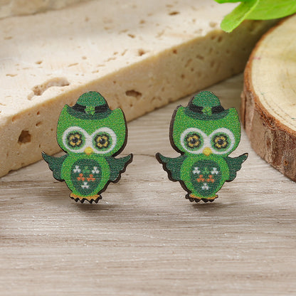 1 Pair Cute Shamrock Animal Painted Wood Silver Plated Ear Studs