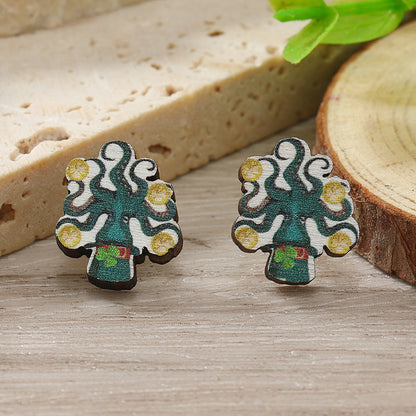 1 Pair Cute Shamrock Animal Painted Wood Silver Plated Ear Studs