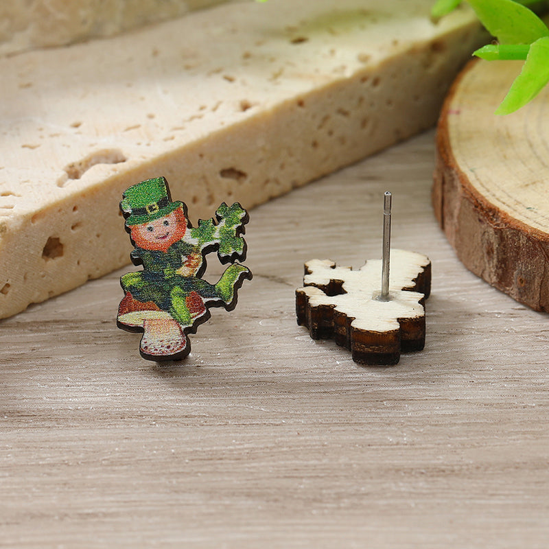 1 Pair Cute Shamrock Animal Painted Wood Silver Plated Ear Studs