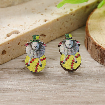 1 Pair Cute Shamrock Animal Painted Wood Silver Plated Ear Studs