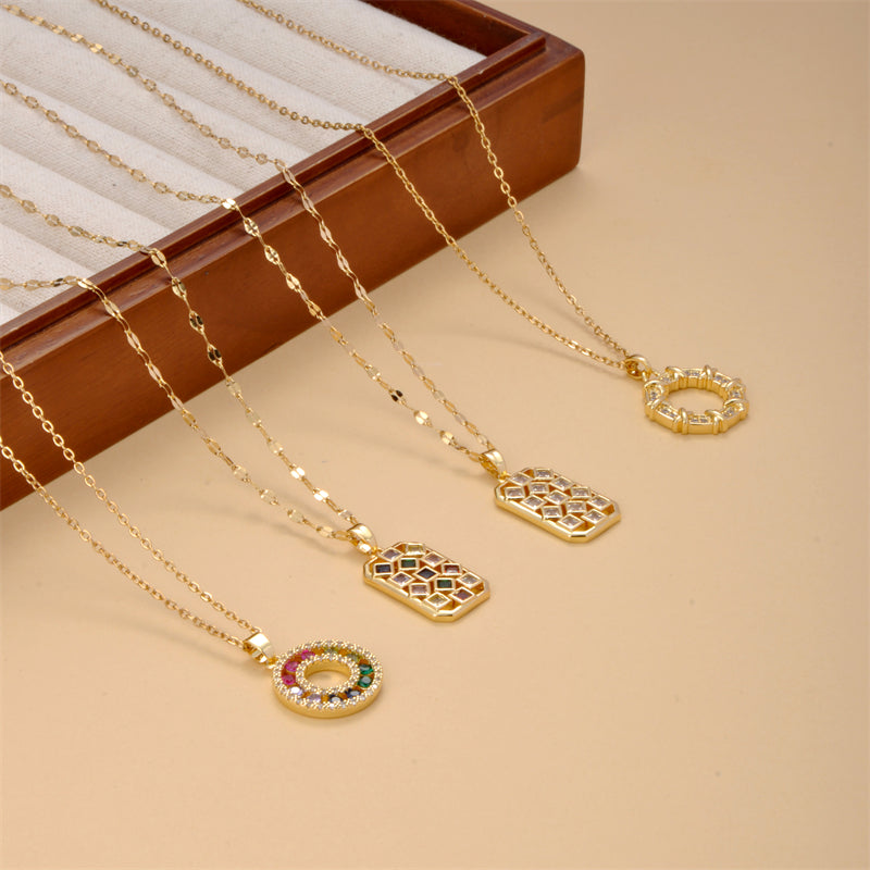 Elegant Simple Style Round Square Stainless Steel Beaded Plating Inlay Zircon 18k Gold Plated Pendant Necklace