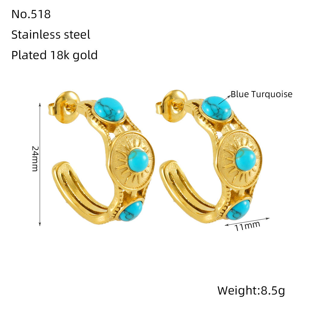 1 Pair Retro Geometric Plating Inlay Stainless Steel Natural Stone 18k Gold Plated Ear Studs