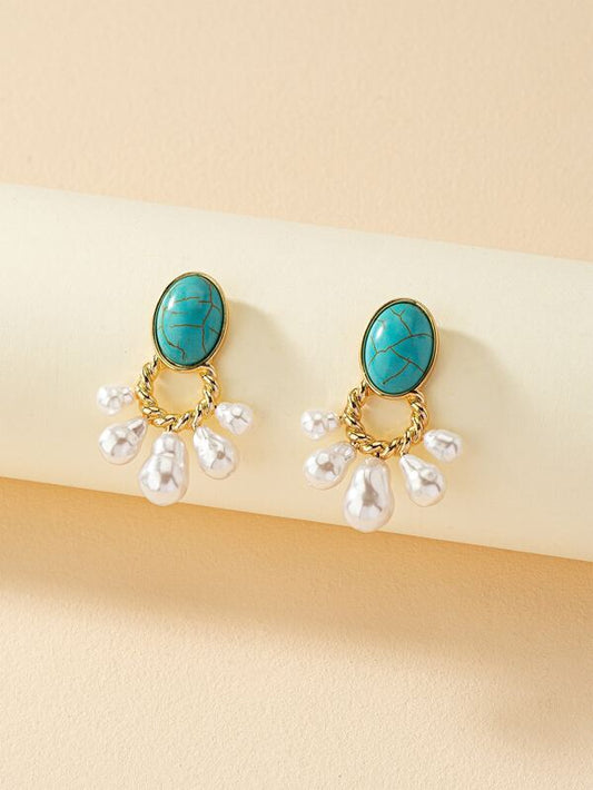 1 Pair Simple Style Classic Style Color Block Inlay Copper Artificial Pearls Turquoise Drop Earrings