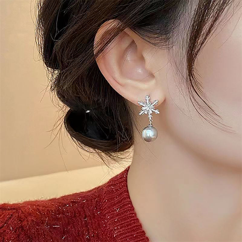 1 Pair Ig Style Vintage Style Snowflake Plating Inlay Alloy Rhinestones Pearl Silver Plated Drop Earrings