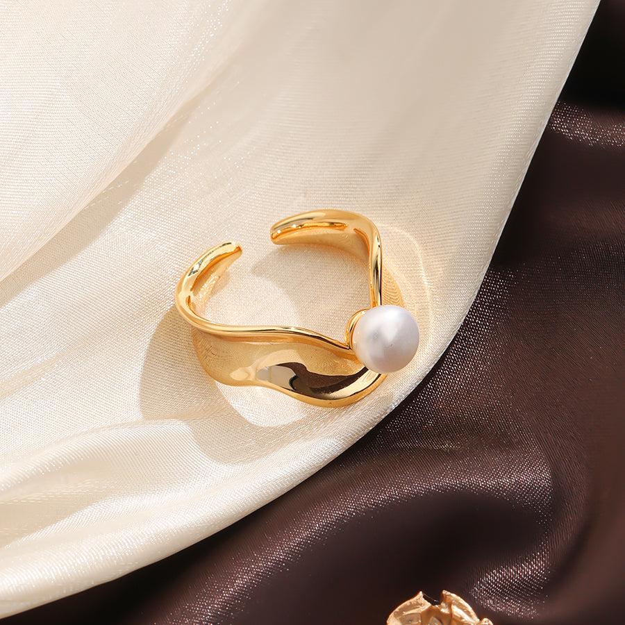 Elegant Solid Color Copper Inlay Natural Stone Freshwater Pearl Shell 18k Gold Plated Silver Plated Rings