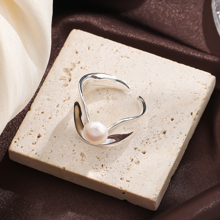 Elegant Solid Color Copper Inlay Natural Stone Freshwater Pearl Shell 18k Gold Plated Silver Plated Rings