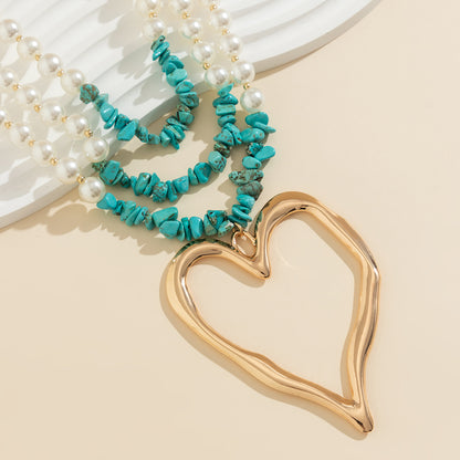 Retro Exaggerated Cool Style Irregular Round Heart Shape Imitation Pearl Alloy Turquoise Beaded Layered Women's Layered Necklaces