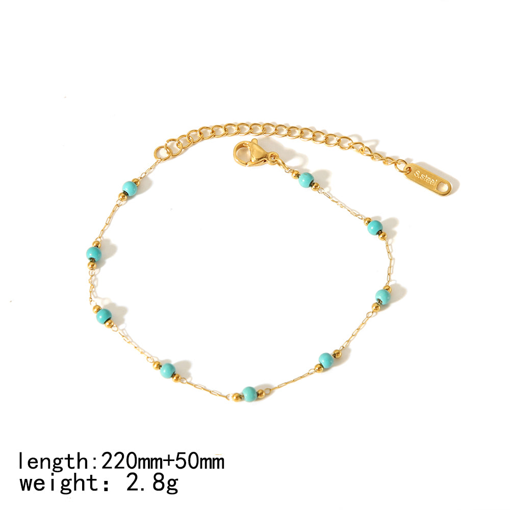 Simple Style Classic Style Round Stainless Steel Polishing Plating Inlay Natural Stone 18k Gold Plated Bracelets Anklet Necklace