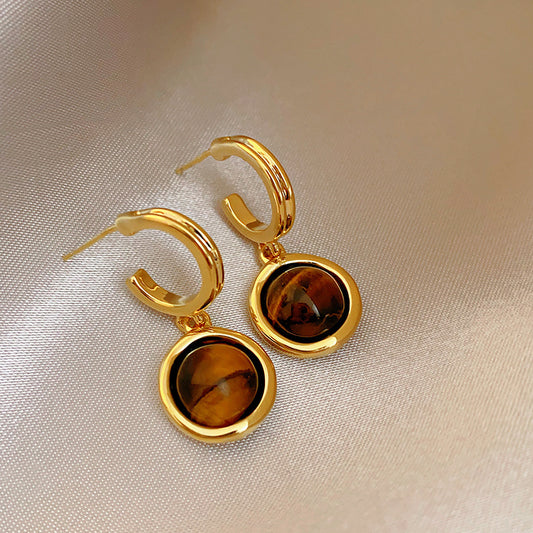 1 Pair Lady Round Plating Inlay Copper Tiger Eye 18k Gold Plated Earrings