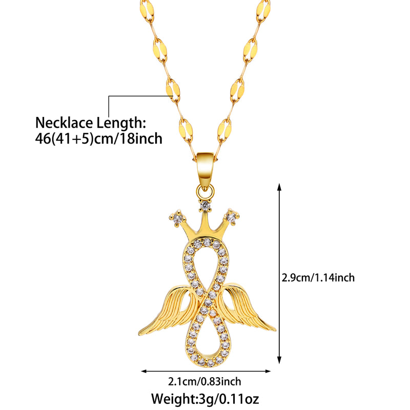 Elegant Simple Style Crown Wings Stainless Steel Plating Inlay Zircon 18k Gold Plated Pendant Necklace