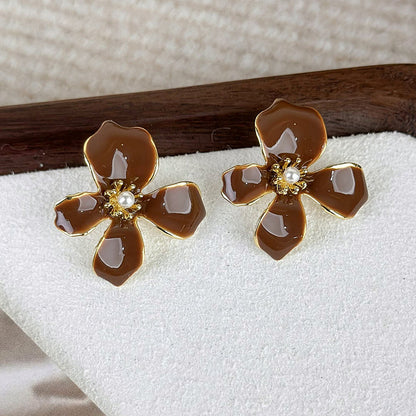 1 Pair Lady Flower Plating Alloy Gold Plated Ear Studs