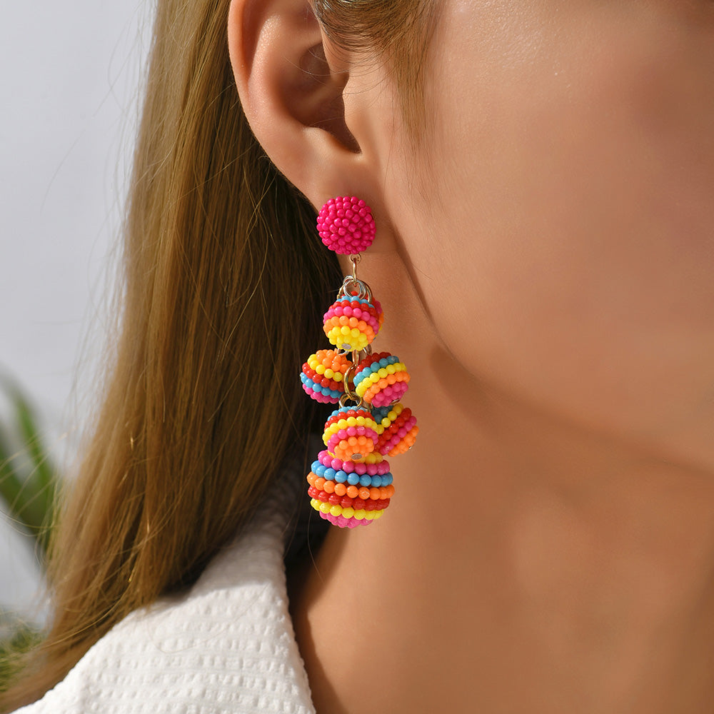 1 Pair Lady Color Block Beaded Spray Paint Tassel Zinc Alloy Drop Earrings