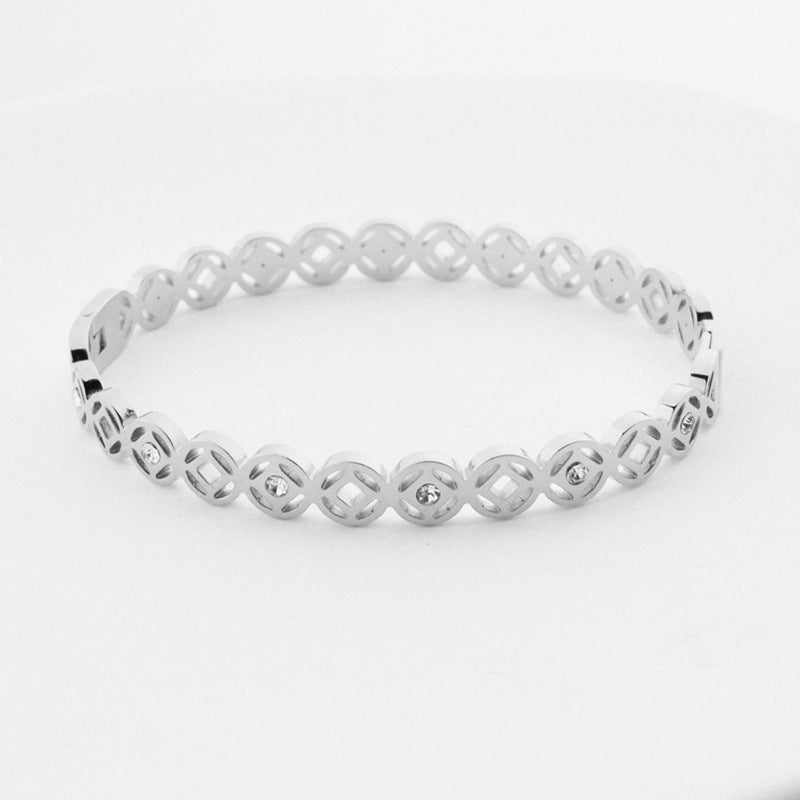 Chinoiserie Coin Titanium Steel Inlay Artificial Diamond Bangle