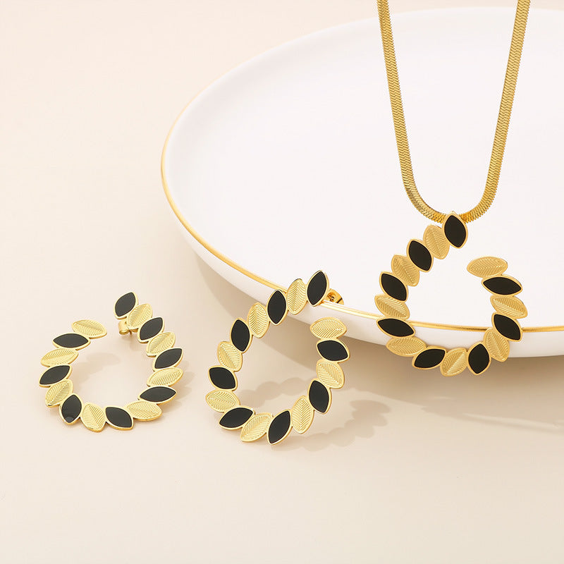 Elegant Simple Style Leaves Stainless Steel Titanium Steel Enamel Plating Earrings Necklace