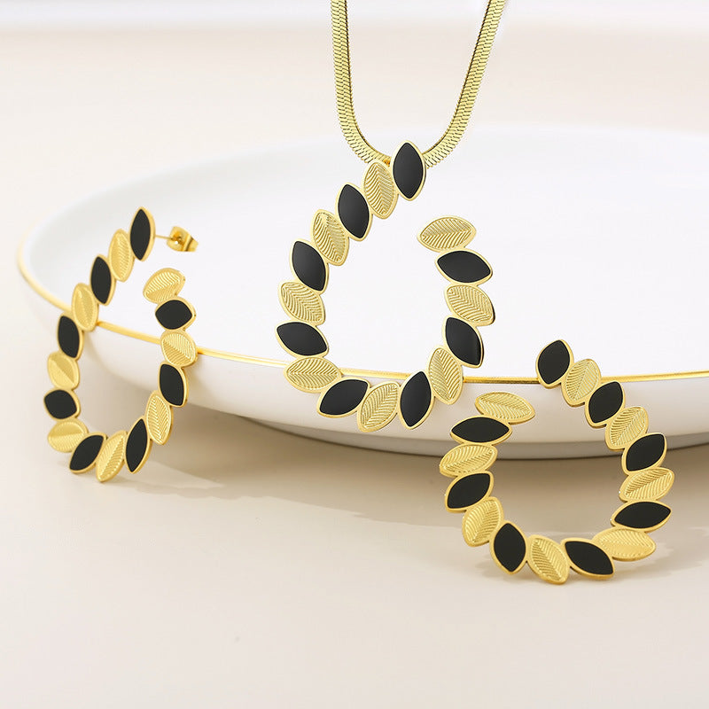 Elegant Simple Style Leaves Stainless Steel Titanium Steel Enamel Plating Earrings Necklace