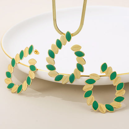 Elegant Simple Style Leaves Stainless Steel Titanium Steel Enamel Plating Earrings Necklace