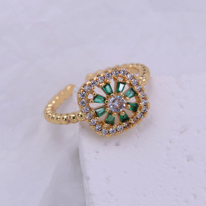 Glam Shiny Flower Copper Plating Inlay Zircon 18k Gold Plated Open Rings