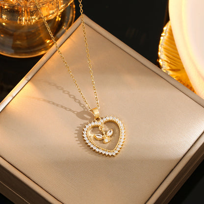 Romantic Sweet Geometric Heart Shape Titanium Steel Plating Inlay Rhinestones Zircon Gold Plated Pendant Necklace